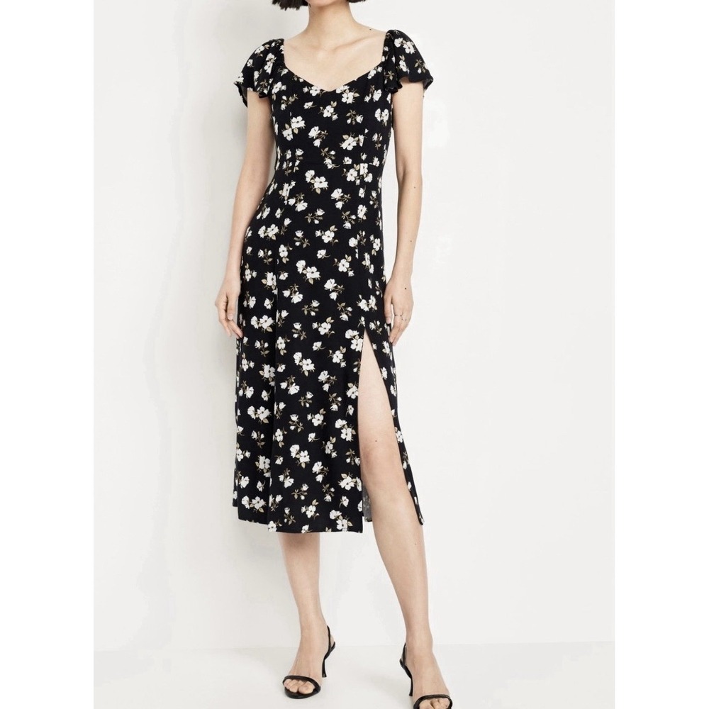 Flutter Sleeve Crepe Midi Dress Black And White Floral Print Sz L Old Navy NWT